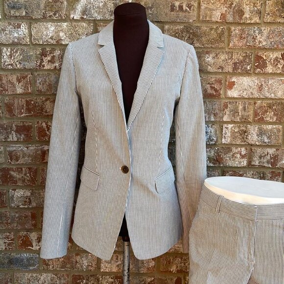 J. Crew Jacket Women's Sz 6t Seersucker Gray and White Striped One-Button Suit - Picture 7 of 9
